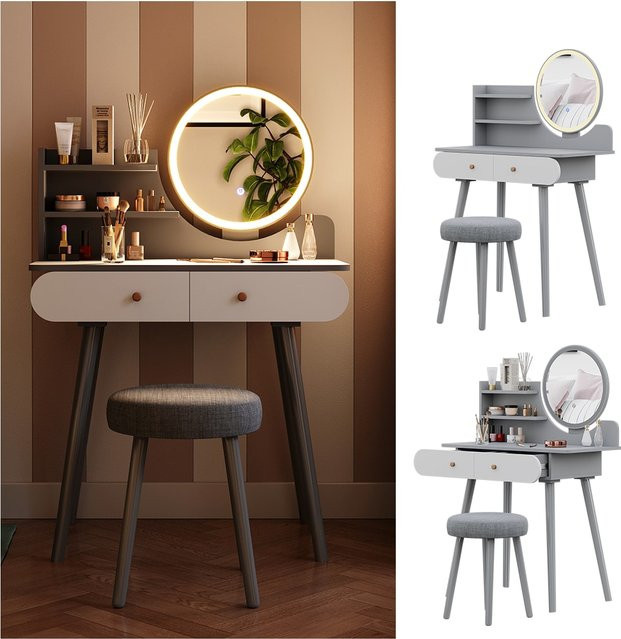 Vicco Schminktisch Edda mit LED-Spiegel und Hocker in Grau und Weiß, Breite: 80 cm, Breite: 121 cm - Bild 1