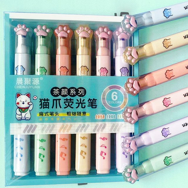Kissbuty 6er Set Kawaii Katzenpfoten Textmarker in Pastellfarben mit fluoreszierender Tinte und Keilspitze für Schule und Büro - Bild 1
