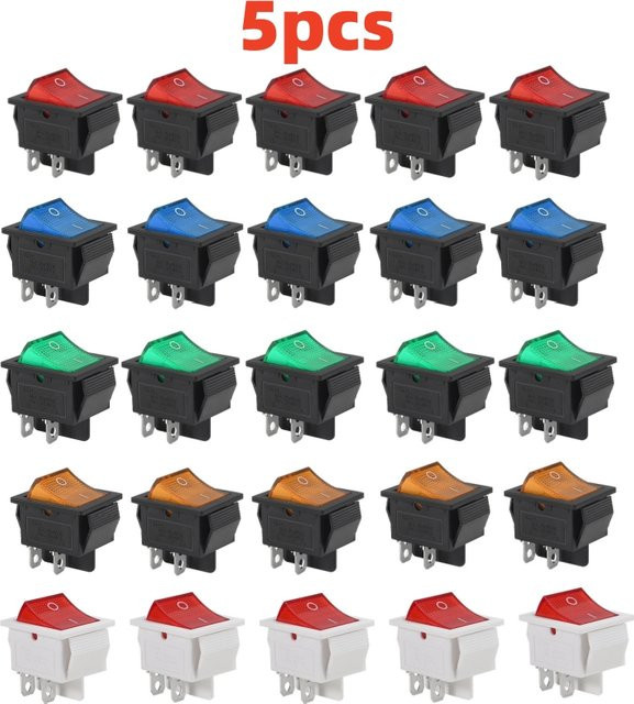 AOKIN KCD4 Rocker Schalter Set mit roter LED Beleuchtung, DPST 4 Pins 2 Position ON/OFF, 10A/125V 6A/250V, 5 Stück - Bild 1
