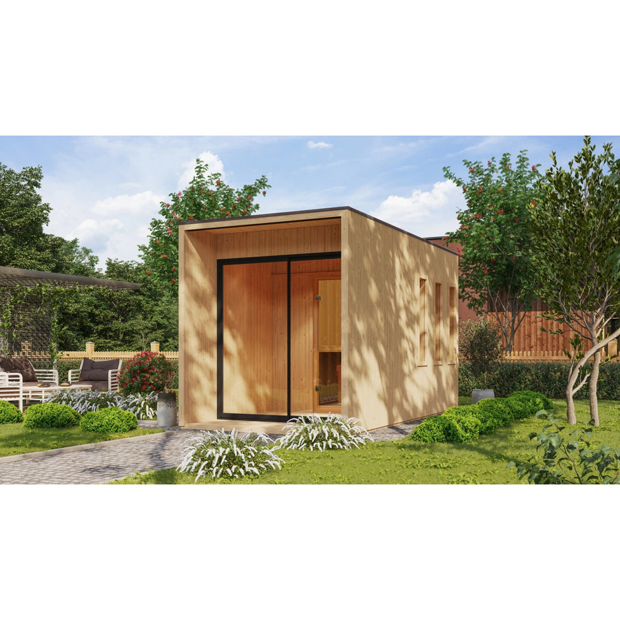 Karibu Saunahaus Cancun aus nordischer Fichte in Naturbelassen/Brown mit 9 kW Ofen und externer Steuerung - Bild 2
