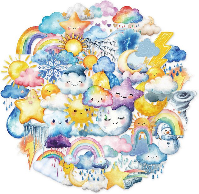 50 Stück Aquarell Wetter Aufkleber im Ins Stil für DIY Dekoration von Telefonhüllen, Notizbüchern und Trinkflaschen, PET-Aufkleber, Mehrfarbig - Bild 1