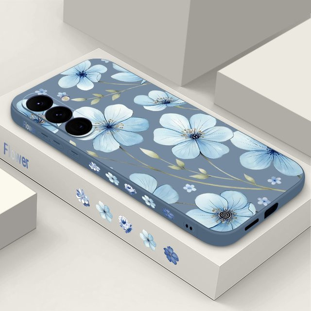 Samsung Handyhülle mit blauem Blumenmuster in Blau, Beige und Weiß für verschiedene Galaxy Modelle wie S25 FE, S26, S24, S23 Ultra, S22, S23, S24 Plus, A57, A56, A17, A16, A36, A55, A54 und A15 als weiche Schutzhülle - Bild 1