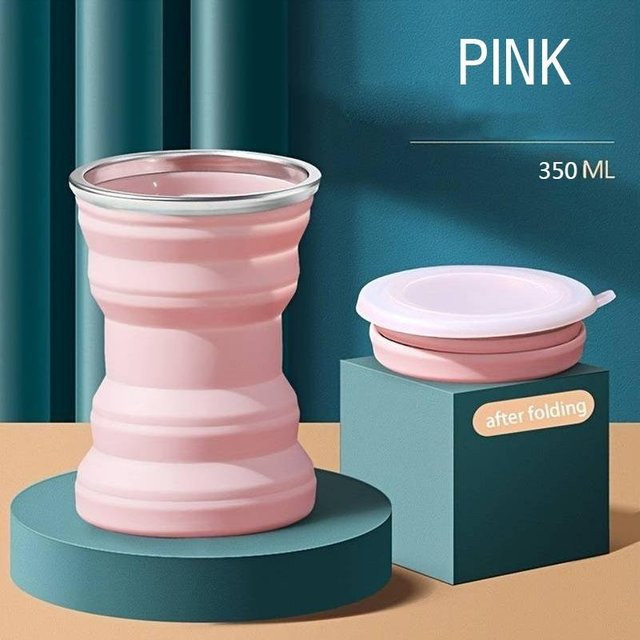 Zusammenklappbarer Silikon-Becher von YJSTY mit Deckel, tragbarer Teleskopbecher für Reisen und Outdoor, Rosa, 350 ml - Bild 1
