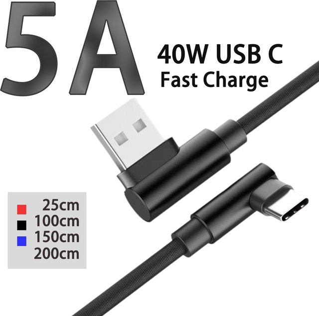 USB auf Typ C Schnellladekabel mit 90 Grad Winkel, 40W 5A Hochgeschwindigkeits-Datenübertragungskabel für iPhone 16, Huawei, Samsung und Xiaomi, Schwarz - Bild 1