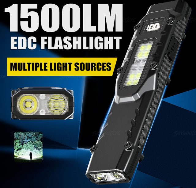 ZHIYU Taktische LED Flachtaschenlampe mit 1500 Lumen, wiederaufladbare EDC Taschenlampe mit Digitalanzeige und Dual-Switches, Schwarz - Bild 1