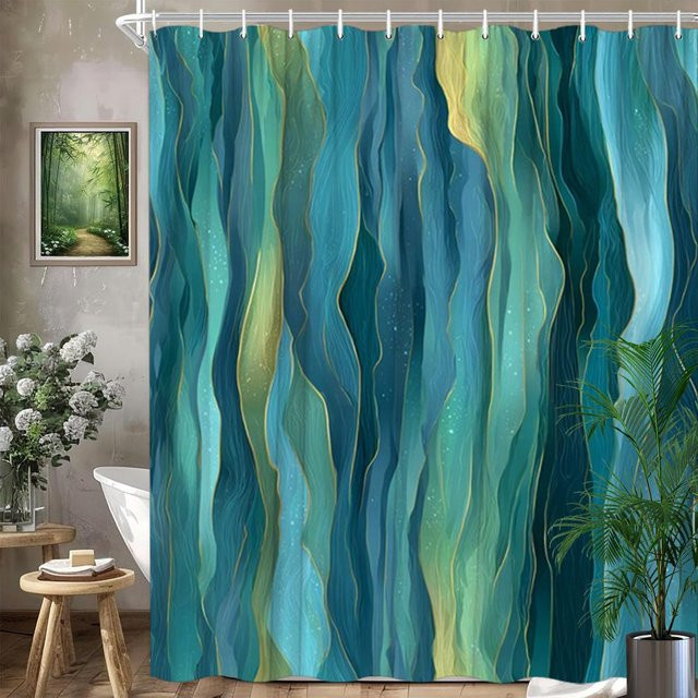 Duschvorhang Monika Chen mit abstraktem Ozeanwellen-Design in Blau Türkis Grün und Gold, wasserdicht und schimmelresistent, B/H: 180 x 240 cm - Bild 1