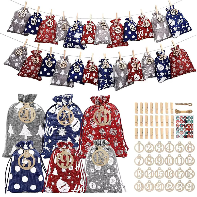 24-teiliges Adventskalender-Set aus Leinen mit Kordelzug in Multicolour für Weihnachtsgeschenke und Süßigkeiten - Bild 2