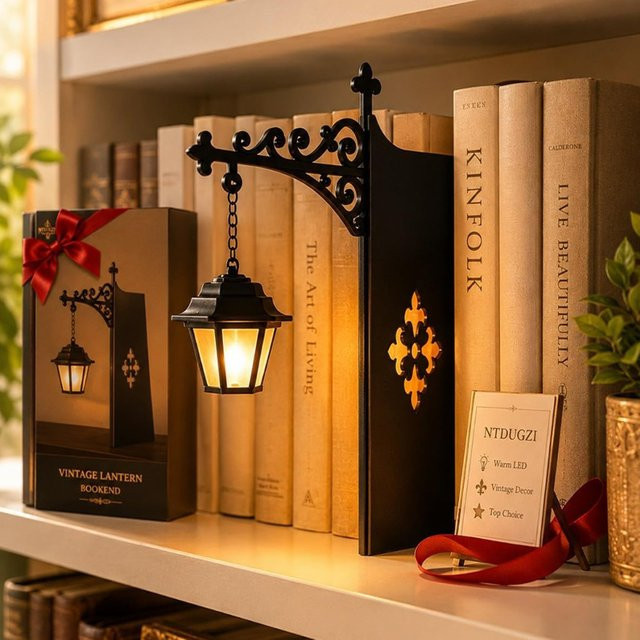 KDULIT Bibliotheks-Laterne aus Metall in Schwarz mit warmweißem Licht als Vintage-Dekoration für dein Bücherregal - Bild 1