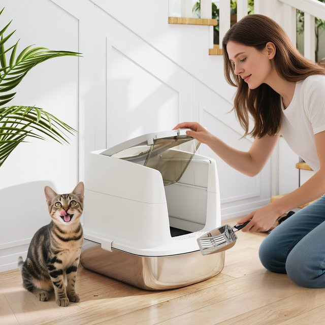 PawHut Katzenklo aus Edelstahl mit Deckel und Streuschaufel in Weiß - Bild 1