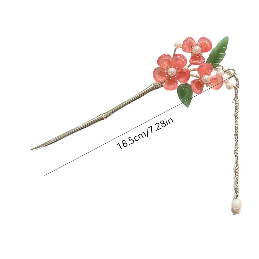Haarstab Rosa Blumen, Kristallblütenblatt, Perle, grünes Blatt, silberner Metallrahmen, Quaste - Bild 2