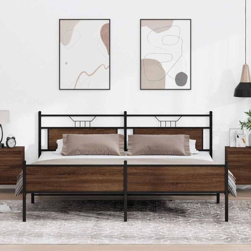Metallbett Vidaxl in Braun mit Eichen-Optik im Industrial-Design, B/T/H: 200 x 200 x 91,5 cm - Bild 1