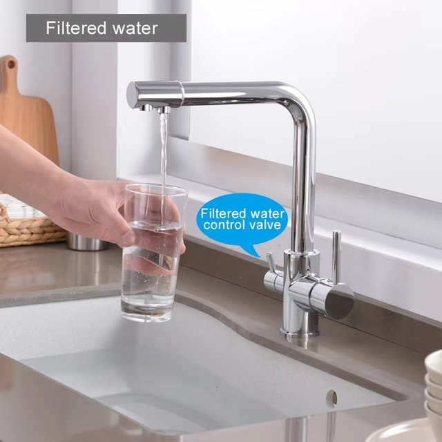 Chrom-Küchenarmatur aus Messing mit doppeltem Schwenkauslauf und integriertem Wasserfilter für Waschbecken, Farbe: Silber - Bild 1