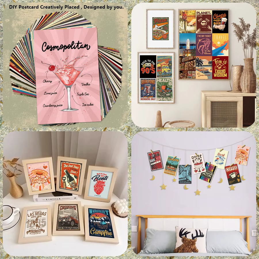 50 Stück Vintage Wandpostkarten mit Aufklebern im Retro-Stil mit Film, Surf und Camping Motiven in Mehrfarbig - Bild 2