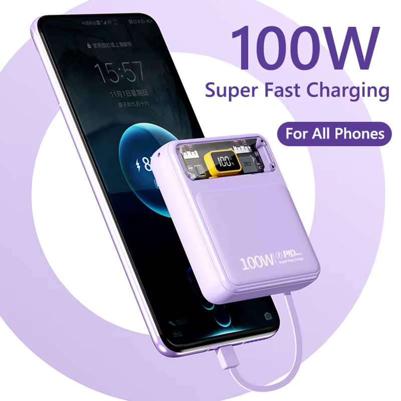 20000 mAh Power Bank mit 100 W Superschnellladefunktion und 4 integrierten Kabeln für iPhone, Xiaomi, Huawei und Samsung in Schwarz oder Lila - Bild 1