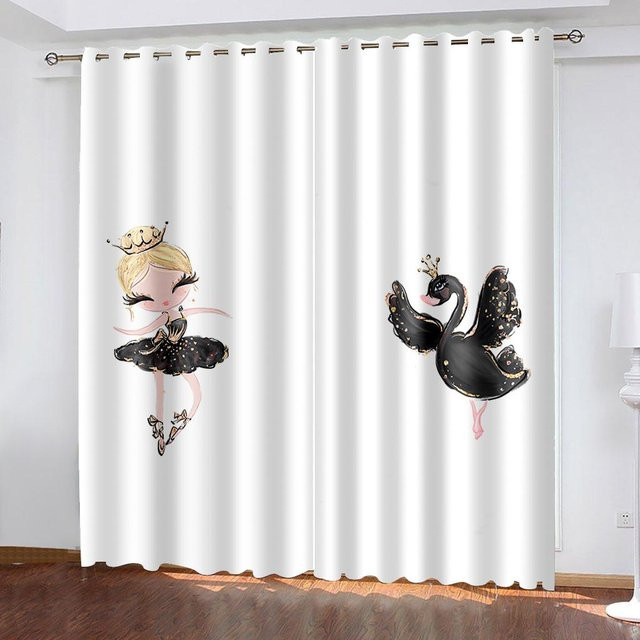 2er-Set Dünne Vorhänge mit Cartoon Ballerina und Schwan Motiv in Rosa und Weiß, Semi-transparent, Breite: 60 cm, Höhe: 60 cm - Bild 1