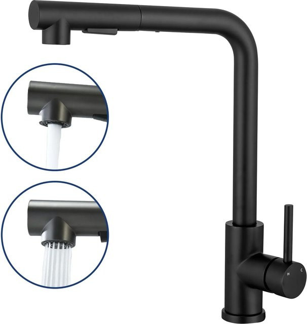 AICA Küchenarmatur aus Edelstahl mit ausziehbarer L-förmiger Mischbatterie, Schwarz Matt, Höhe: 38,0 cm, Breite: 52,0 cm, Tiefe: 23,0 cm - Bild 1