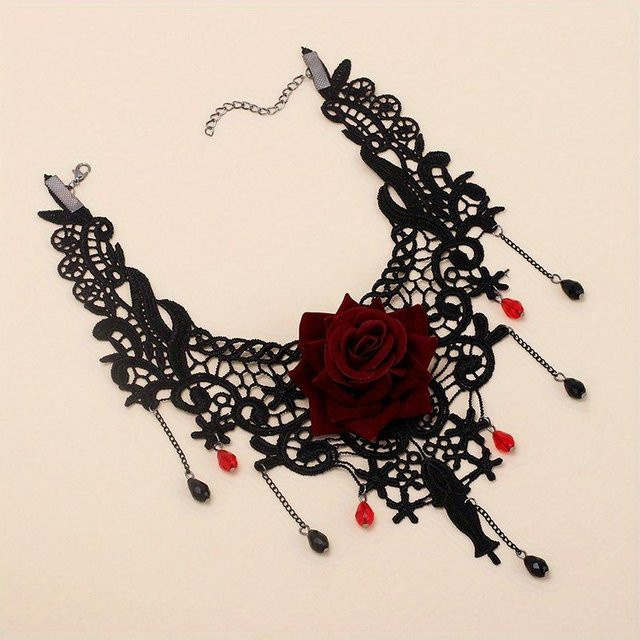 Halskette Damen, Gothic Vintage Choker, rote Rosen, Spitze, black - Bild 1