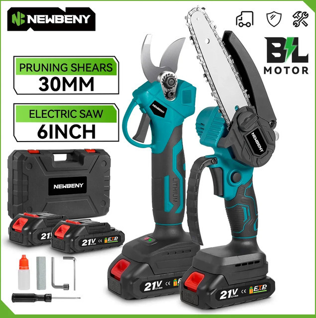 NEWBENY Gartenwerkzeug-Set mit bürstenloser 6-Zoll-Elektrosäge und 30 mm elektrischer Gartenschere, kabellose Holzbearbeitungswerkzeuge kompatibel mit Makita LXT Akku - Bild 1