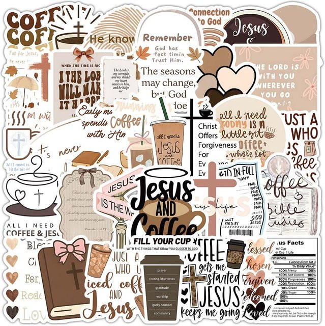 50 Stück GOGOTU Kaffee und Jesus Graffiti Aufkleber, kreative Cartoon Sticker in Multicolour für Handy, Tasse und Scrapbook, wasserfest - Bild 1