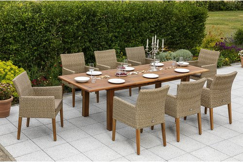 Merxx Ranzano Gartenmöbelset mit 9-teiligem Doppelausziehtisch aus Akazienholz und Kunststoffgeflecht in Grün - Bild 1