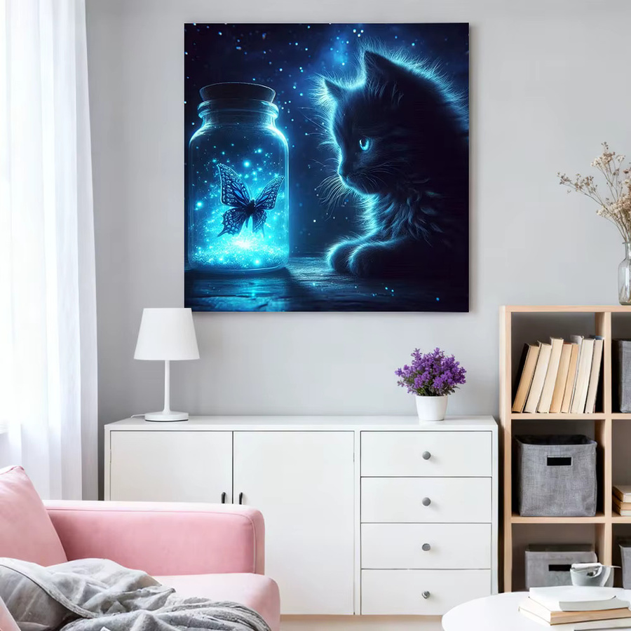 HUACAN Diamantmosaik-Gemälde Katze mit Schmetterling in Blau, Handgefertigte Wanddekoration mit runden Steinen - Bild 3