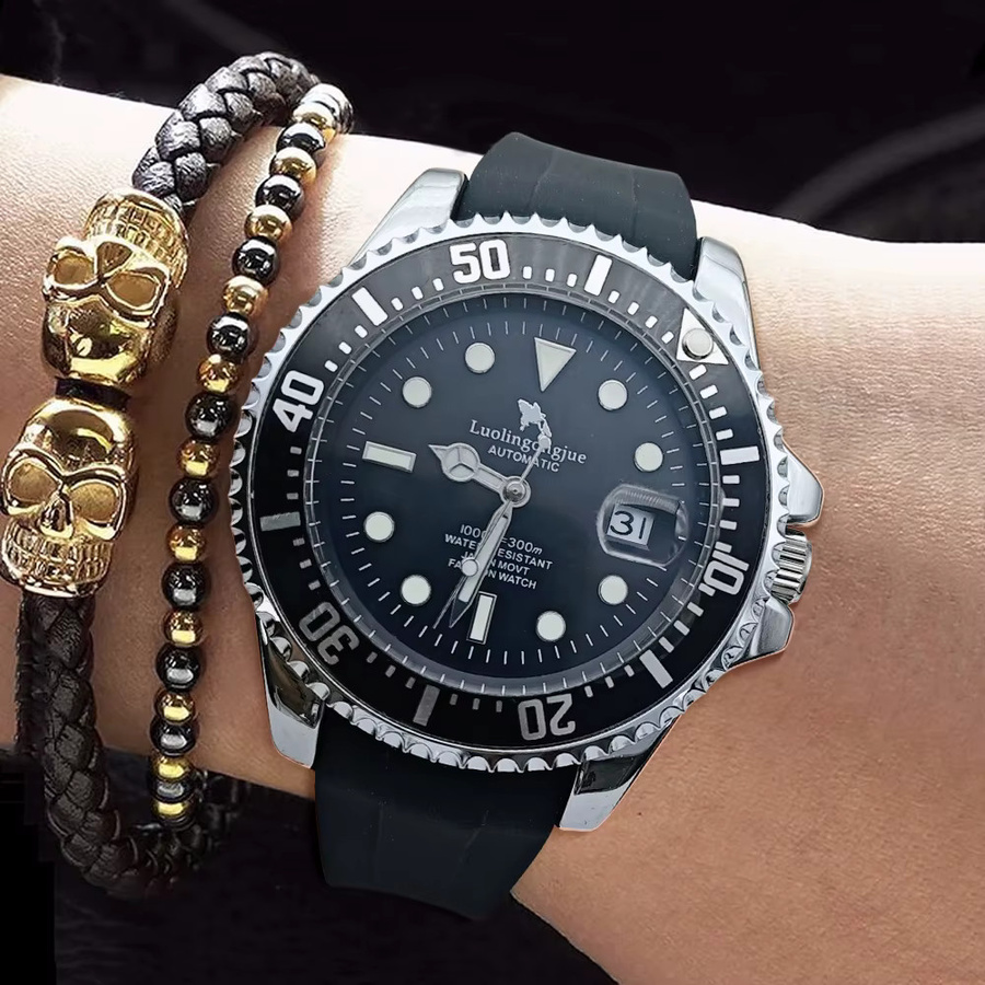 LUOLINGONGJUE Armbanduhr, Automatik, Skelett-Design, Silikonarmband, Schwarz, Herren - Bild 1
