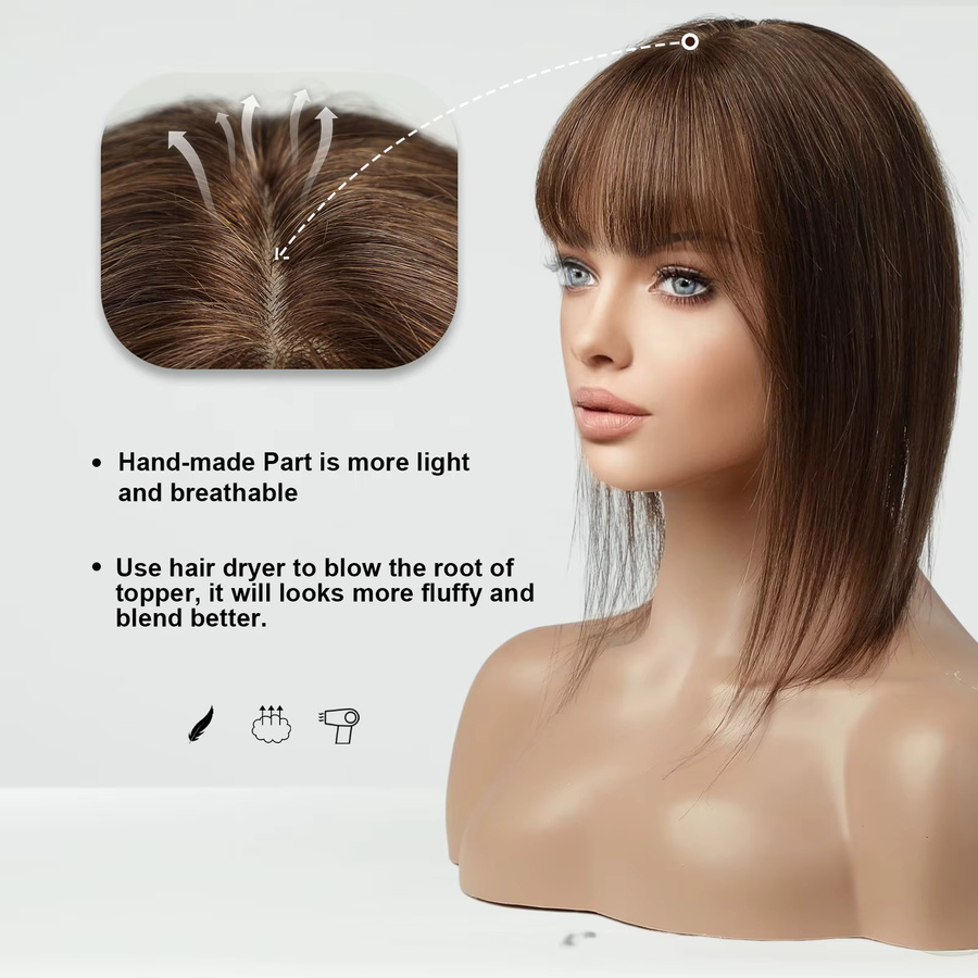 HAIRCUBE Echthaar-Topper mit Pony, dunkelbraun, 10 Zoll, Remy-Echthaar - Bild 3