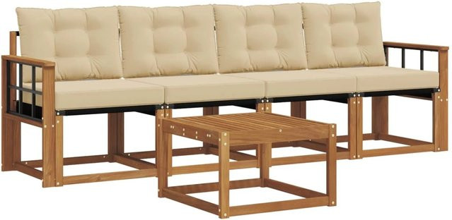 vidaXL Outdoor-Sofagarnitur 5-teilig aus Akazienholz mit Kissen und Couchtisch in Natur und Beige - Bild 1