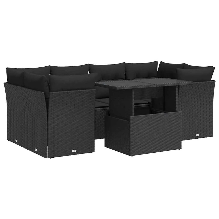 vidaXL 7-tlg Garten-Sofagarnitur in L-Form aus schwarzem Poly-Rattan mit Kissen und Stauraum - Bild 2