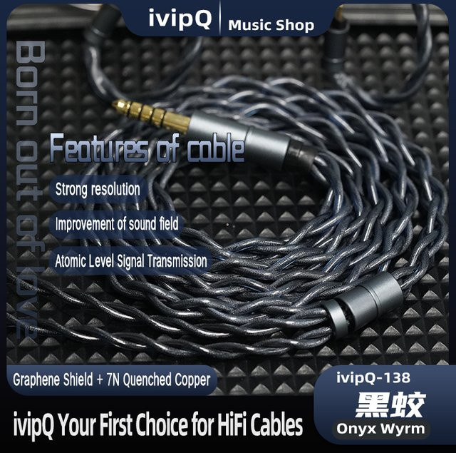 ivipQ Onyx Wyrm HiFi-IEM-Kabel in Schwarz, 7N gehärtetes Kupfer mit Graphen-Abschirmung, 4,4 mm Anschluss, 2-polig oder 0,78 mm/MMCX für IE900 - Bild 1