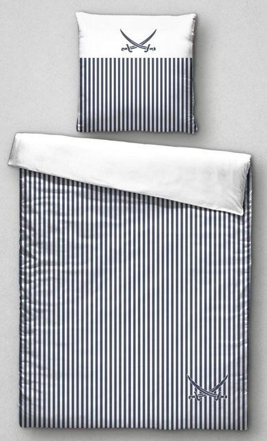 Sansibar Bettwäsche aus Mako-Satin mit grafischem Nautik-Design in Blau, Set bestehend aus Bettbezug und Kissenbezug, B/H: 200 x 200 cm, B/H: 80 x 80 cm - Bild 1