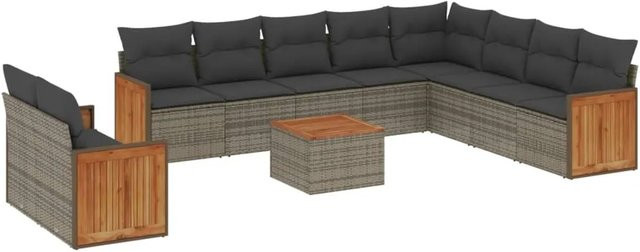 vidaXL 11-teilige Garten-Sofagarnitur in L-Form aus Polyrattan und Akazienholz mit Kissen in Grau - Bild 1