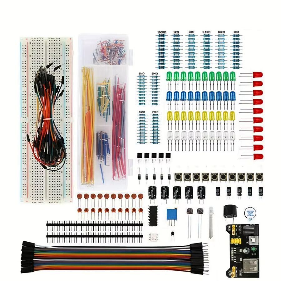 HXTUO MB-102 Elektronisches Komponenten-Kit für Anfänger mit 830-Loch-Steckplatinen, LEDs, Widerständen und Elektrolytkondensatoren, Multicolor - Bild 2