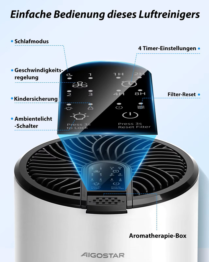 Aigostar Luftreiniger in Weiß mit 4-fach HEPA-Filter und Aktivkohle für Allergiker, inklusive Schlafmodus und Aromatherapie-Funktion - Bild 5