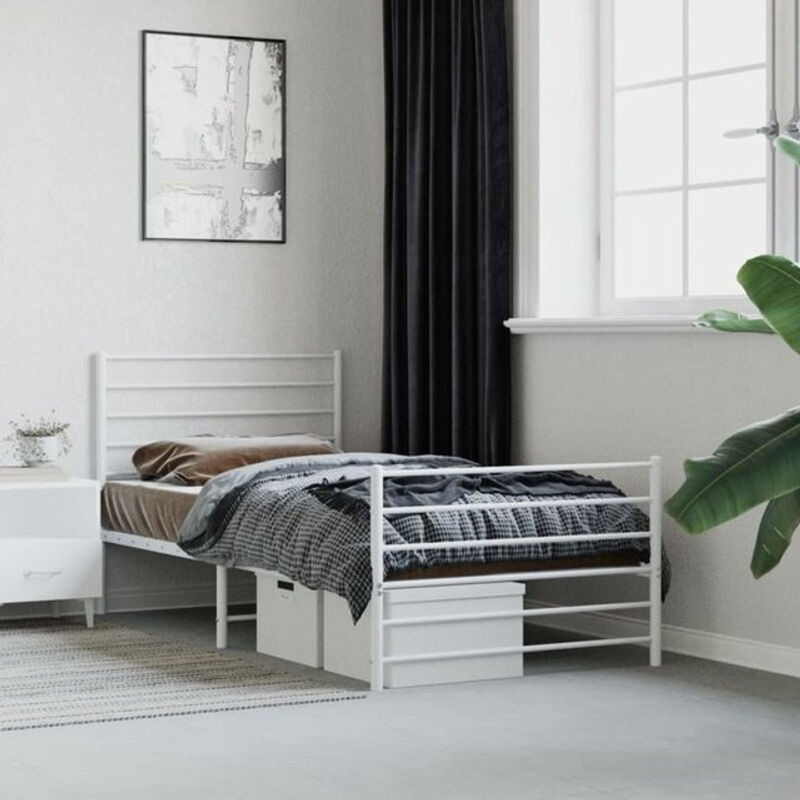 Vidaxl Metallbett mit Kopf- und Fußteil in Weiß, Modernes Bettgestell aus Stahl, B: 107 cm, L: 203 cm - Bild 1