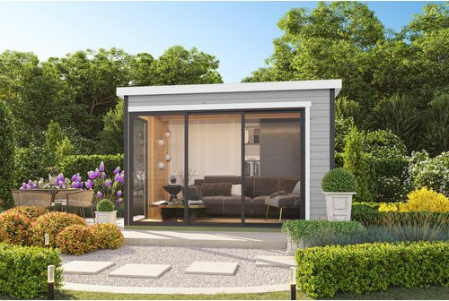 Blockbohlenhaus Lasita Austin in Grau mit Außenmaßen B: 379,6 cm, H: 239,4 cm, T: 259,6 cm - Bild 1