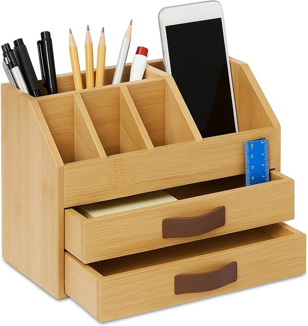 Relaxdays Schreibtisch Organizer aus Bambus in Braun mit 2 Schubladen und 5 Fächern, B/T/H: 24 x 19 x 14 cm - Bild 1
