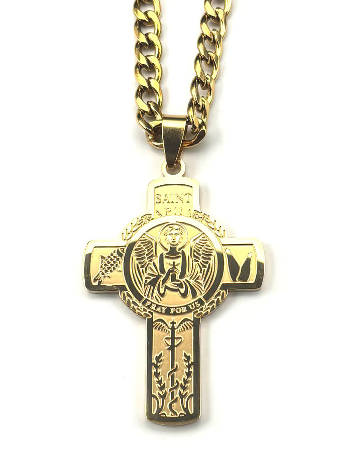 AFAWA Halskette mit Heiliger-Raphael-Kreuz-Anhänger, Edelstahl, Goldfarben, Unisex - Bild 2