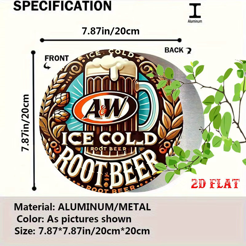 Potdemiel Vintage Rundes Aluminium-Metallschild A&W Wurzel-Bier Wandkunst, Durchmesser: 20 cm, Mehrfarbig - Bild 2