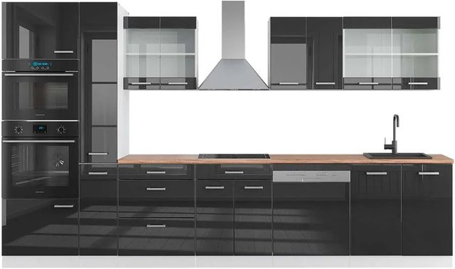 Vicco R-Line Küchenzeile Anthrazit Hochglanz und Weiß mit Hochschrank Eiche, Breite: 350 cm - Bild 1