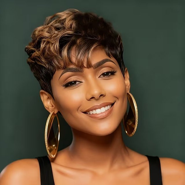 OYM HAIR Echthaar-Perücke Pixie-Cut, Kaffeebraun, lockig - Bild 1