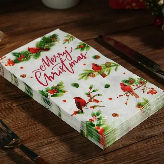 GUANYAO Weihnachtsservietten 2-lagig mit buntem Vogel- und Tannenzapfen-Print, 20 Stück, B: 33 cm x L: 40 cm, Mehrfarbig - Bild 1