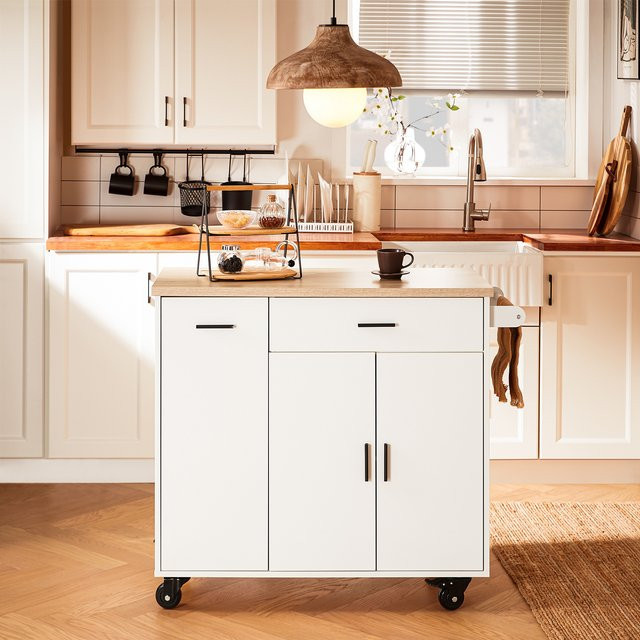 SoBuy Küchenwagen FKW126-WN Design Kücheninsel mit Arbeitsplatte und Gewürzregal in Weiß, B/T/H: 105 x 92 x 46 cm - Bild 1