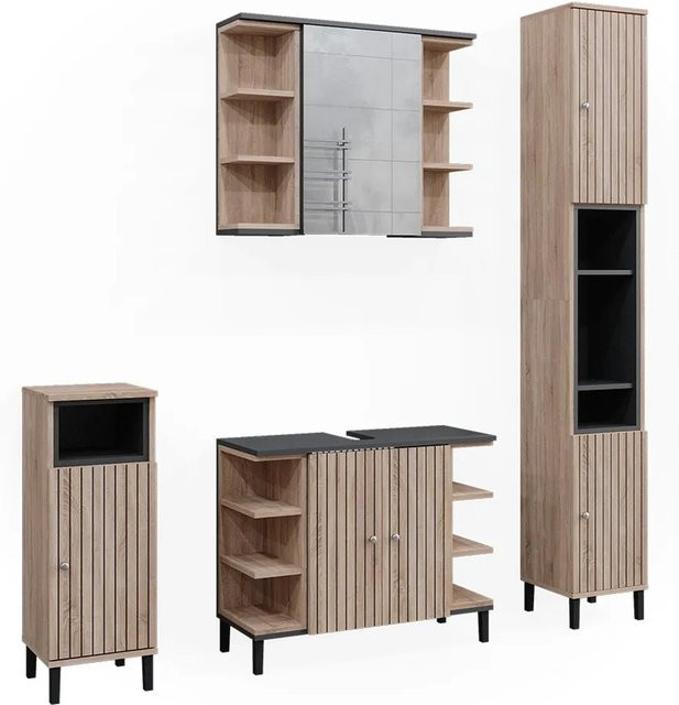 Vicco Badmöbel-Set Aquis in Sonoma und Anthrazit bestehend aus Waschtischunterschrank, Spiegelschrank, Midischrank und Hochschrank - Bild 2