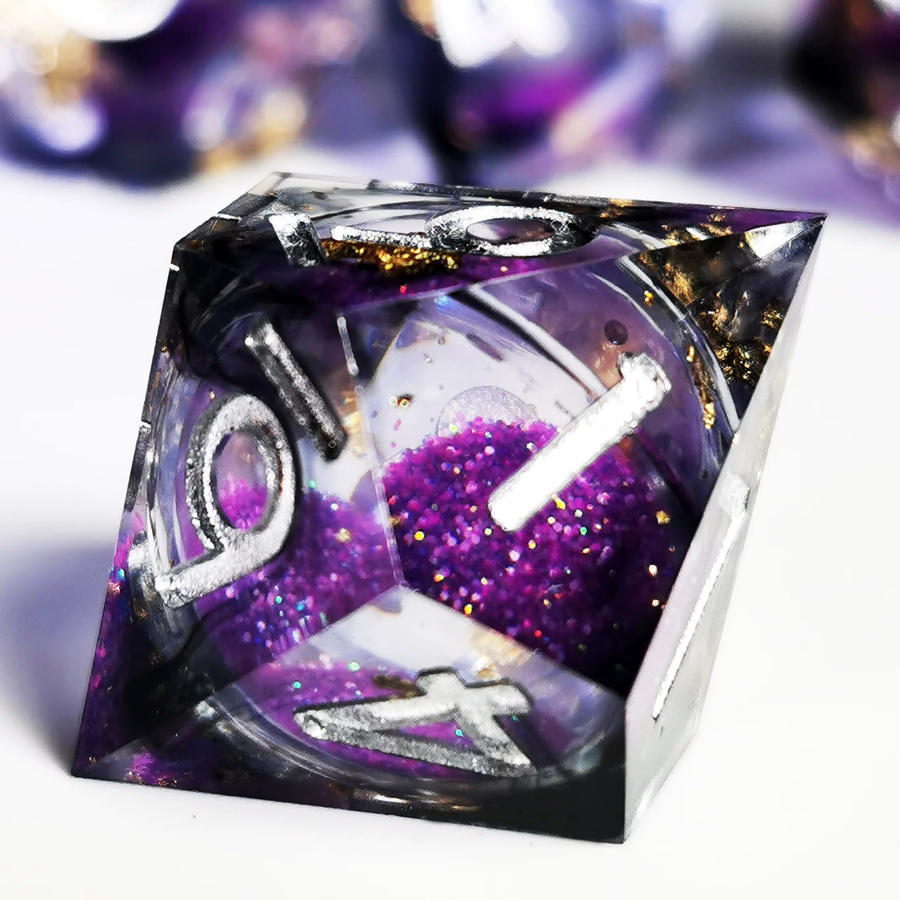 Purple Glitter DnD Würfelset, 7 Polyedrische Harzwürfel, Lila, Fantasy - Bild 3