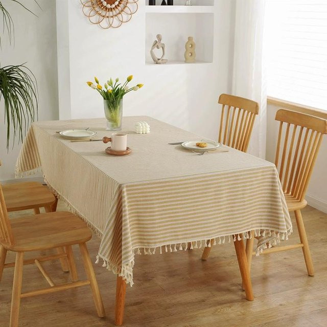 Rechteckige Tischdecke aus Baumwoll-Leinen-Mischgewebe mit Streifen und Quasten in Beige, B/T: 140 x 100 cm - Bild 1