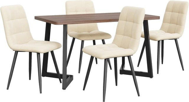 Merax Essgruppe 5-tlg. in Walnuss-Optik mit Esstisch und 4 Samtstühlen in Beige und schwarzen Metallbeinen - Bild 1