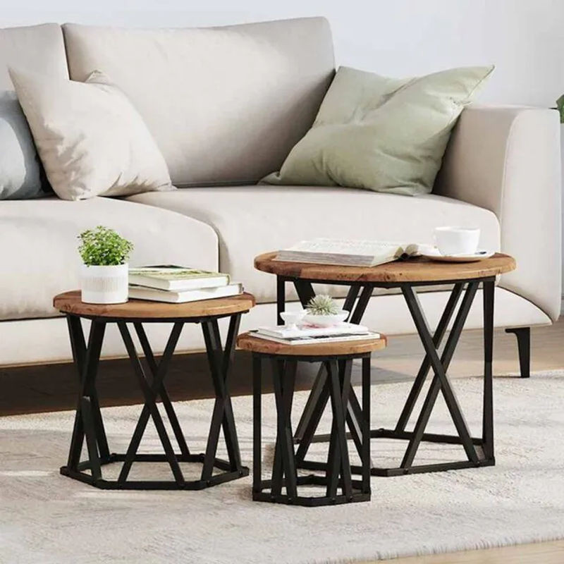 Vidaxl Satztisch Nesting Beistelltisch 3er Set im Industrial Design aus Holz und Stahl, Rund, Braun/Schwarz, B/T/H: 53 x 53 x 40 cm - Bild 1