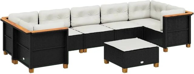 vidaXL 8-tlg Garten-Sofagarnitur in L-Form aus Poly-Rattan und Akazienholz mit Kissen, Schwarz - Bild 1