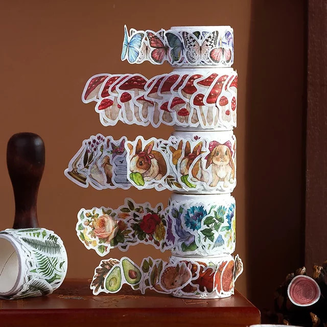 Journamm Washi-Aufkleber mit Blumen-Motiven für Scrapbooking und DIY-Collagen, 100 Stück pro Rolle, Mehrfarbig - Bild 1